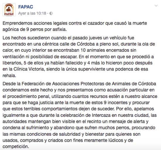 comunicado FAPAC - Mueren perros encerrados en un coche a 40º